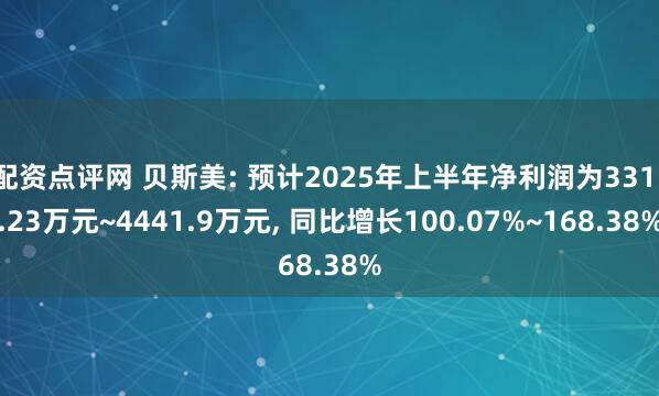 配资点评网 贝斯美: 预计2025年上半年净利润为3311.23万元~4441.9万元, 同比增长100.07%~168.38%